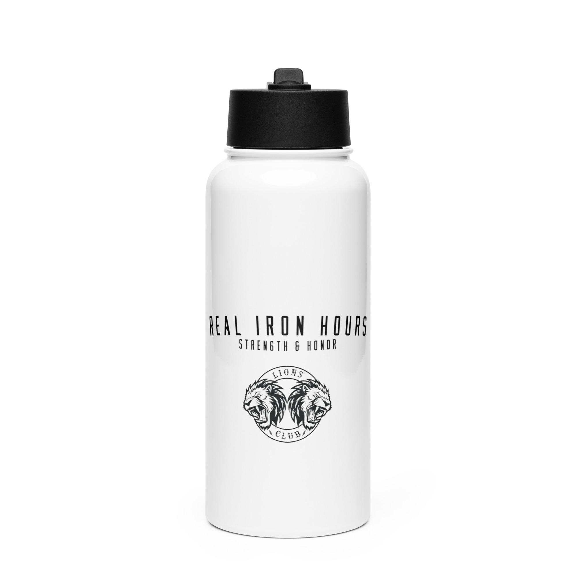 Real Iron Hours Stainless steel water bottle with a straw lid
